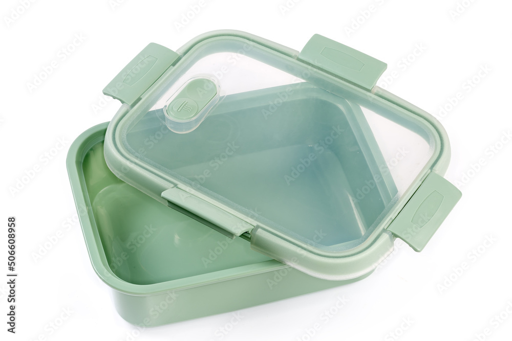 Empty food storage container with partly removed transparent lid Empty food storage container with partly removed transparent lid