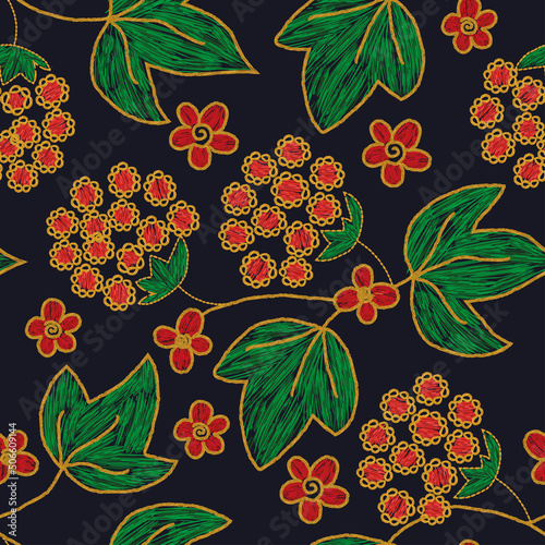 Ukrainian floral viburnum berries seamless pattern. Ukraine ethnic symbol
