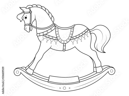 Children toy, transport. Wooden horse in saddle swing for small children. Page outline of cartoon. Raster illustration, coloring book for kids.