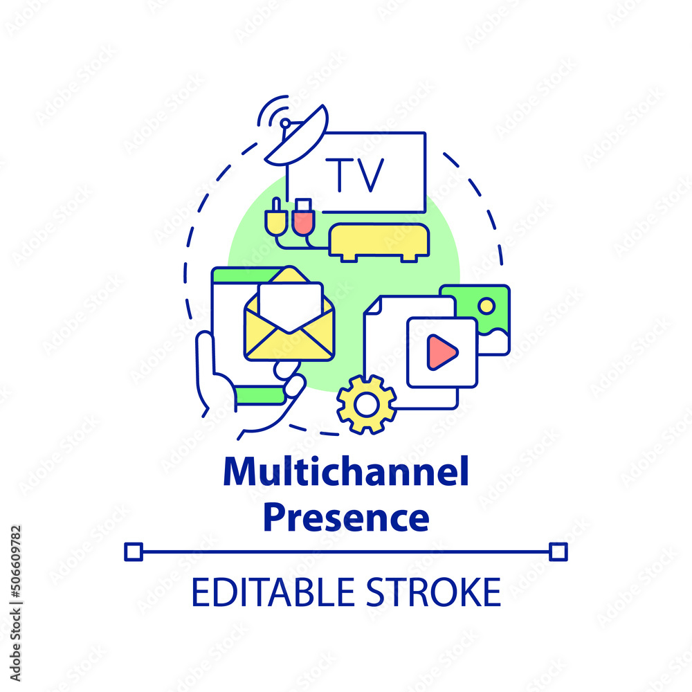 Multichannel presence concept icon. Online platforms. Digital first advantages abstract idea thin line illustration. Isolated outline drawing. Editable stroke. Arial, Myriad Pro-Bold fonts used