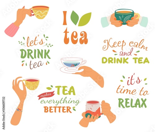 Collection of hands holding hot drinks and beverage with text. Brewing or pouring green and black or matcha tea, cacao, espresso coffee with sugar. Flat vector cartoon illustration isolated on white.