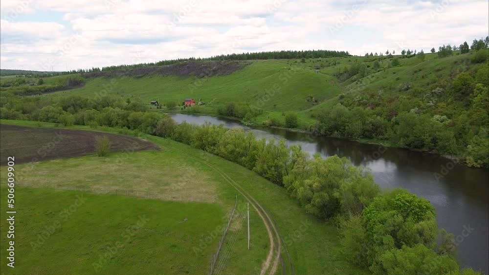 View of the river from above. Flight over water and forest trees from a height. Epic panoramic shot. Spring flood. Travel by kayak. Green background View of the river from above. Flight over water and forest trees from a height. Epic panoramic shot. Spring flood. Travel by kayak. Green background