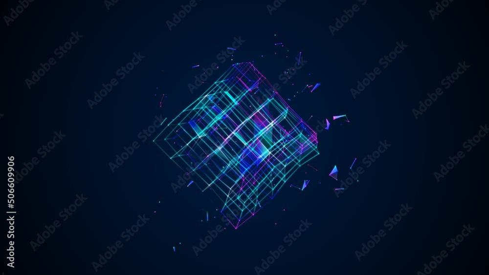 Graphic neon animated symbol squares, rhomb, dot, line. Glass fragment. Maze icon. Design randomly rotating Rubik's Cube. Color glow. Weightlessness. Space. Background logo, technology, business. 4k