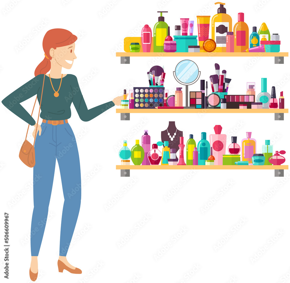 Woman looking at shelf with different female accessories and perfumes. Lady choosing cosmetics and perfumery in store. Accessories for modern women, beauty, skin care products, perfume stand