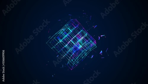 Graphic neon animated symbol squares, rhomb, dot, line. Glass fragment. Maze icon. Design randomly rotating Rubik's Cube. Color glow. Weightlessness. Space. Background logo, technology, business. 4k