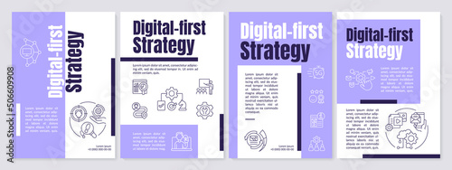 Digital first strategy purple brochure template. Digital marketing. Leaflet design with linear icons. 4 vector layouts for presentation, annual reports. Anton, Lato-Regular fonts used