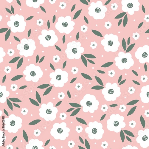 Simple vintage pattern. White flowers  green leaves. Pink background. Fashionable print for textiles and wallpaper.