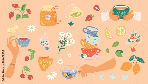 Hand drawn teapot and cup collection. Vector illustration tea accessories for tea ceremony for cafe and restaurant menu design