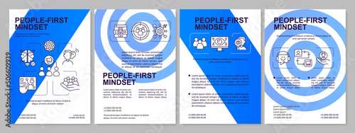 People first mindset blue brochure template. Digital marketing. Leaflet design with linear icons. 4 vector layouts for presentation, annual reports. Arial-Black, Myriad Pro-Regular fonts used