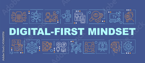 Digital first mindset word concepts dark blue banner. Electronic commerce. Infographics with icons on color background. Isolated typography. Vector illustration with text. Arial-Black font used