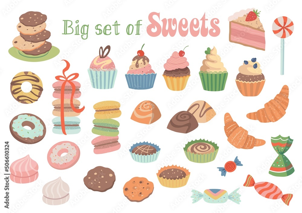 A big set of sweets. Sweet pastries, cake, sweets, desserts. A collection of delicious, high-calorie food. Isolated on a white background A big set of sweets. Sweet pastries, cake, sweets, desserts. A collection of delicious, high-calorie food. Isolated on a white background