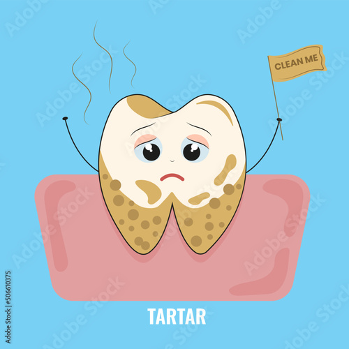 Tooth tartar  icon.  Vector illustration. Dental care concept.  Sad kawai emoji