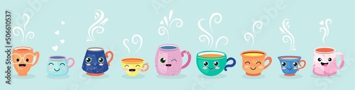 Set of cute coffee characters in trendy kawaii style on blue. Take away cups  mugs and bean with hot beverage. Happy cartoon drinks with doodle stars and hearts. Banner  card  poster design.