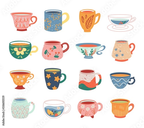Hand drawn cups collection isolated on white background. Vector illustration tea accessories for tea ceremony for cafe and restaurant.