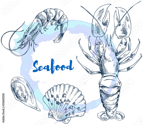 Seafood logo template, emblem for cafe, restaurant or food delivery service. Fresh ocean food advertising lettering in round frame. Seafood restaurant label design with different marine life