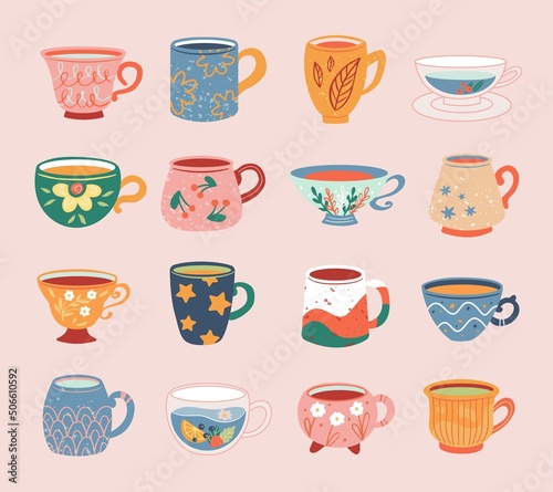 Hand drawn cups collection isolated on pink background. Vector illustration tea accessories for tea ceremony for cafe and restaurant.