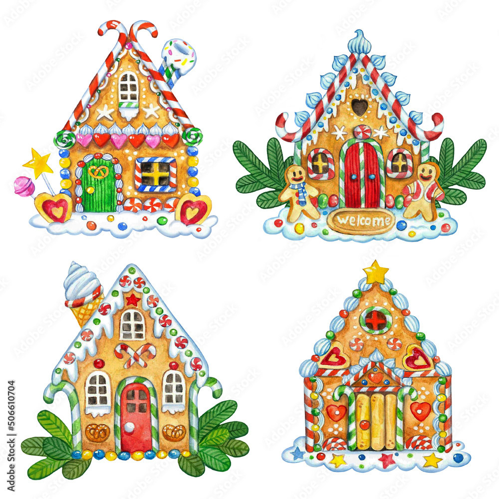 Watercolor illustration with  isolated gingerbread houses