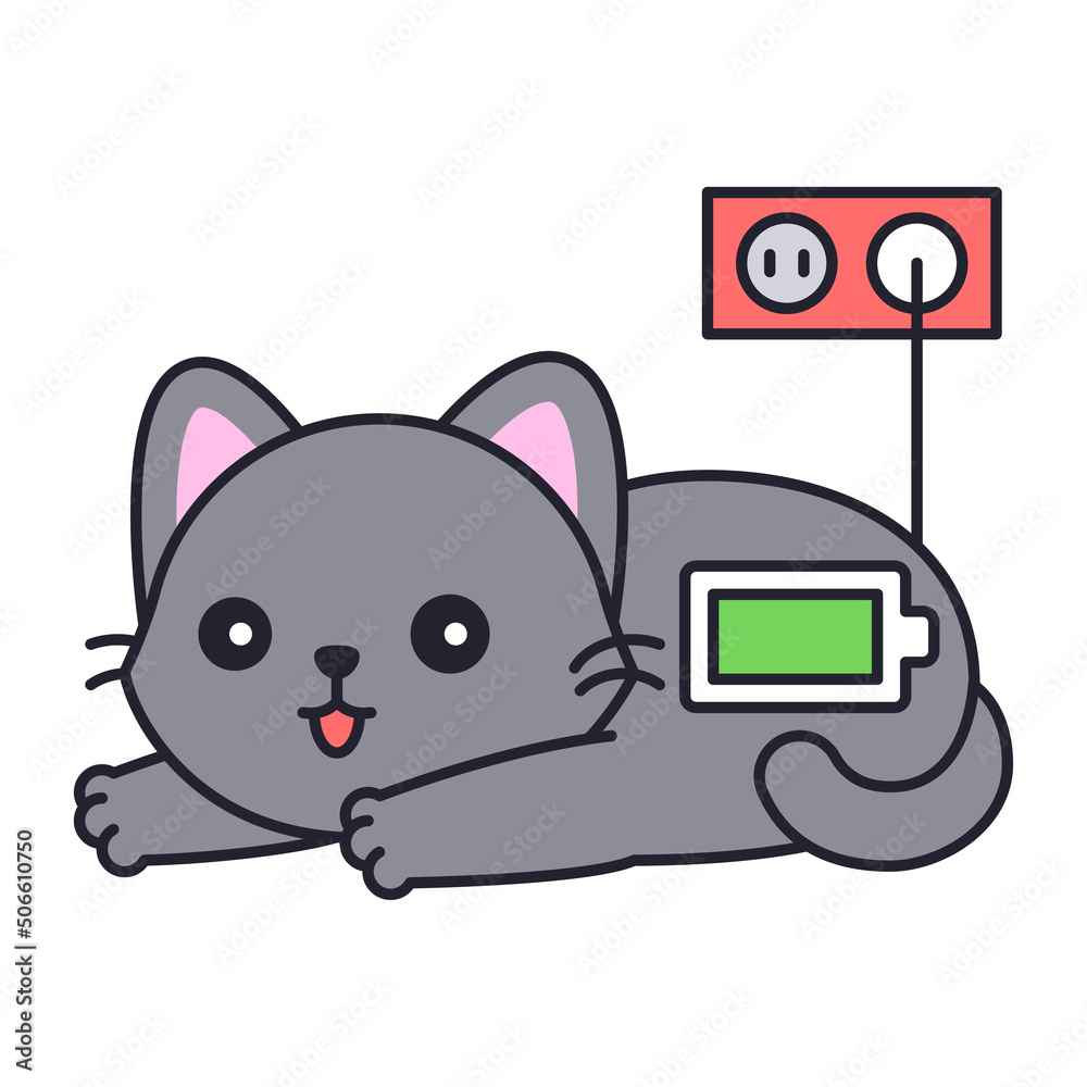 Gray cat with full battery charging icon Gray cat with full battery charging icon