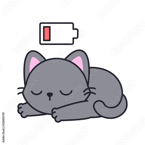 Gray cat sleeping with low battery icon