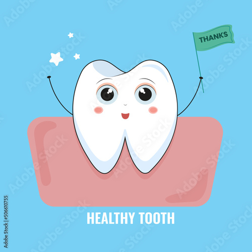 White healthy tooth icon.  Vector illustration. Dental care concept.  Happy kawai emoji 