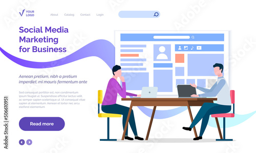 Social media marketing for business concept. Colleagues work with design of customer profile. Employees create online advertising for account in social media. Marketing website landing page template