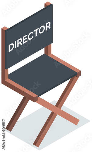 Wooden folding directors chair with Director title. Furniture item isolated on white, entertainment and film industry in hollywood. Cinematography equipment concept, video show producer workplace