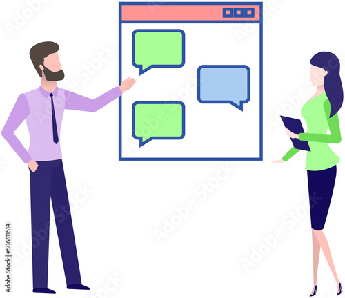 People discussing app for chatting and mailing. Program, social network for online communication via Internet. Teamwork with digital technology, mobile application. Colleagues create messenger design