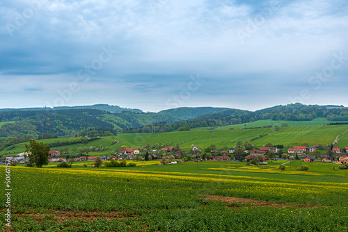 landscape with village in mountains