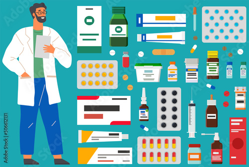 Medicine, pharmacy, hospital set of drugs with labels. Medication, pharmaceutics concept. Pills and vials, healthcare and shops, doctor prescribes treatment for patient, chemicals capsule, medicament