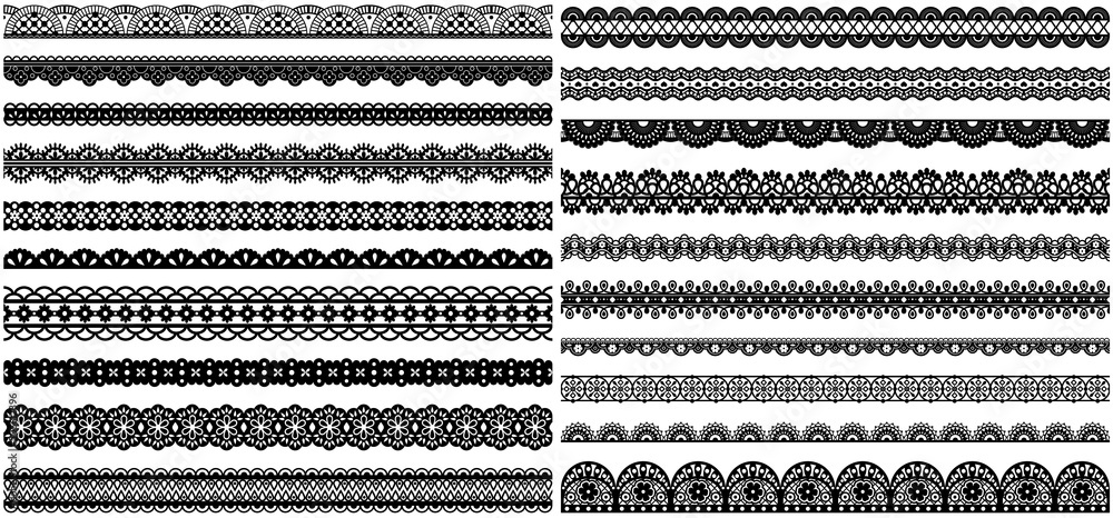 Set of wide lace ribbons with print. Black design elements isolated on white background. Seamless pattern for creating style of card with ornaments. Lace decoration template, ribbons for design