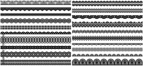 Set of wide lace ribbons with print. Black design elements isolated on white background. Seamless pattern for creating style of card with ornaments. Lace decoration template, ribbons for design