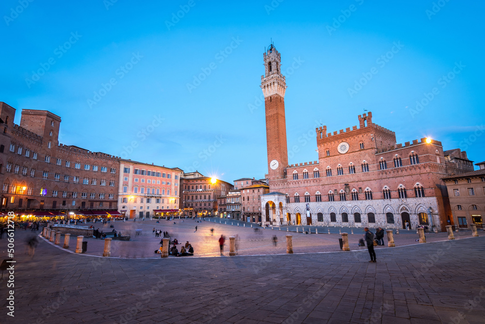 views of piazza del campo with mangia tower at background
