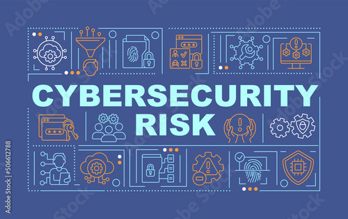 Cybersecurity risk word concepts dark blue banner. Digital protection. Infographics with icons on color background. Isolated typography. Vector illustration with text. Arial-Black font used