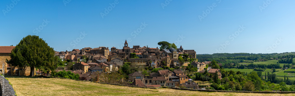 panorama view of the idyllic French country town of Belves in the Dordogne Valley