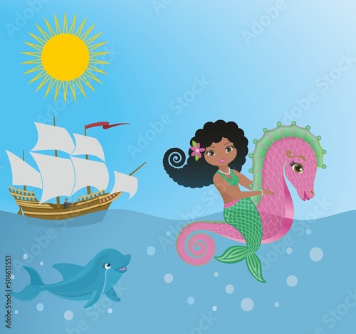 Lovely and cute mermaid riding on seahorse. Dolphin and shipin background. Vector illustration.