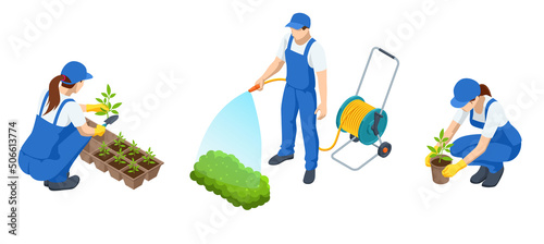 Isometric gardeners, farmers and workers caring for the garden, growing agricultural products. Seedlings in biodegradable pots, farmer with a wheelbarrow with seedling