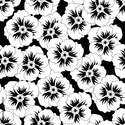 Vector floral seamless pattern. Abstract print with poppies. Elegant nature ornament for fabric  textile or wrapping . Black and white illustrations for coloring book page