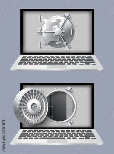 Computer security vector laptop and safe on screen