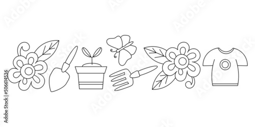 Border with Garden tools, seedlings, butterflies. Black and white Vector illustration