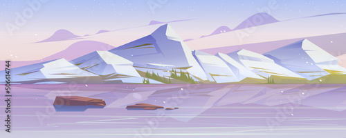 Winter mountains scenery landscape, nature background with rocks and frozen pond under falling snow flakes. Resort, wild park or garden with white ice peaks under pink sky, Cartoon vector illustration