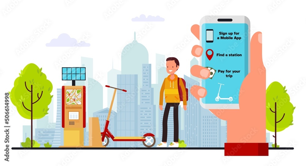 Obraz premium Electric scooter rent mobile app flat vector