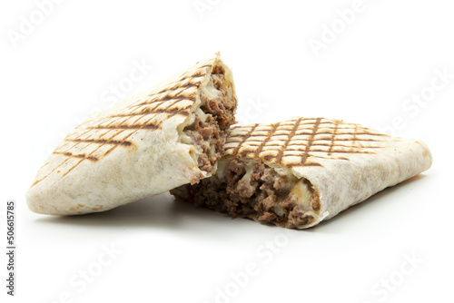 Two half french Tacos sandwich on white background
