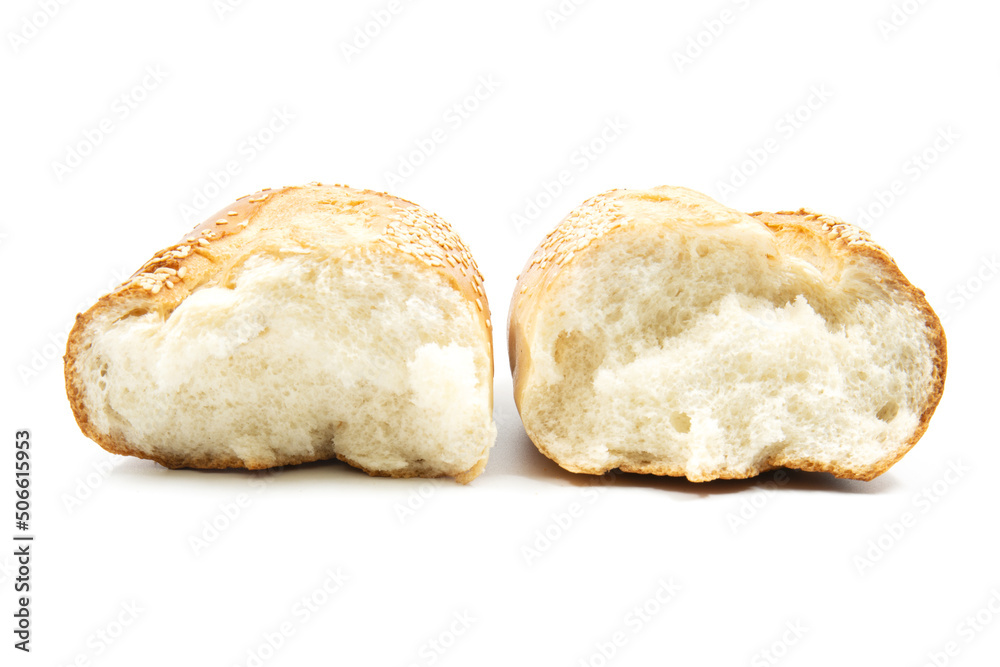 Close-up image of a bread cutting on a white background