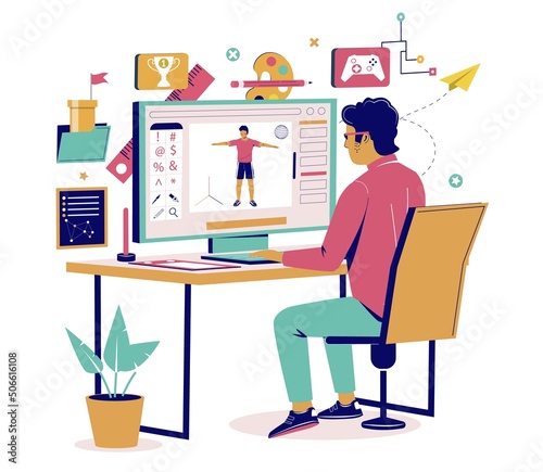 Game designer at work flat vector illustration