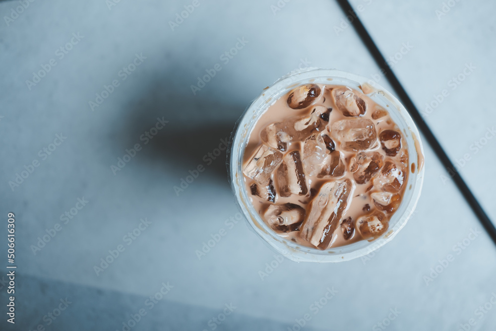 Glass of take away cup tasty cold Mocha coffee from top view Glass of take away cup tasty cold Mocha coffee from top view