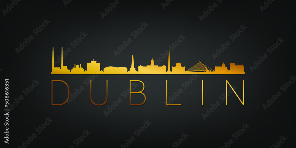 Naklejka premium Dublin, Ireland Gold Skyline City Silhouette Vector. Golden Design Luxury Style Icon Symbols. Travel and Tourism Famous Buildings.
