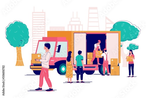 Car truck with humanitarian aid and refugee vector