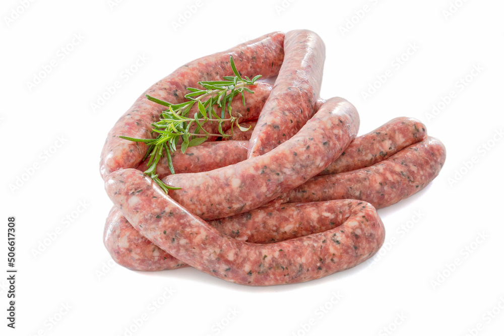 raw herb sausages isolated on a white background raw herb sausages isolated on a white background