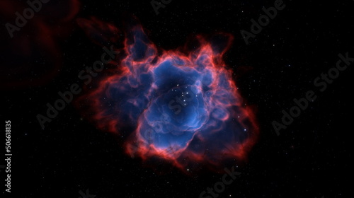 Cosmic nebula in space among stars and galaxies. Gas dust clouds nebula in outer space. Birth and expansion of universe. Formation of stars and planets from the nebula. 3d render