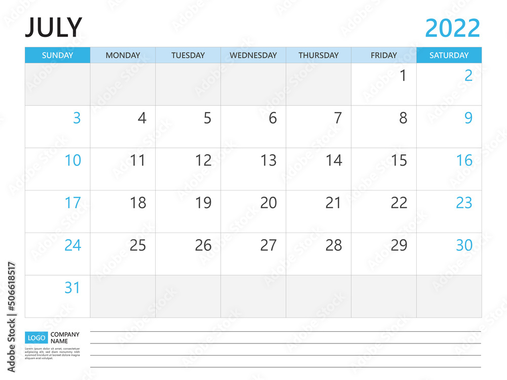 Calendar planner 2022 template, July 2022 year, week start on Sunday ...